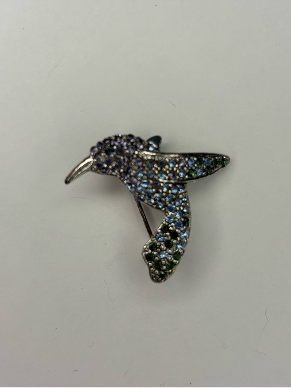 Vintage Monet Hummingbird Brooch Blue Green Rhinestone Silver Tone Signed